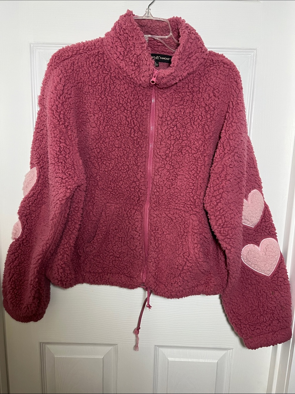 Almost Famous Rose Pink Teddy Jacket with Heart Elbow Patches